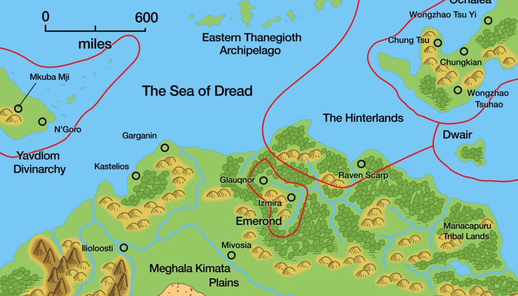 Colourised Replica Map of Poor Wizard’s Almanac III map of Northeastern Davania, July 2025