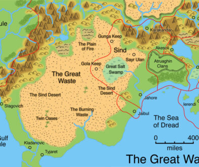 Colourised Replica Map of Poor Wizard’s Almanac III map of the Great Waste, August 2025