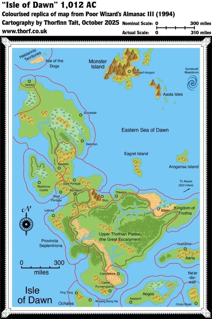 Colourised Replica Map of Poor Wizard’s Almanac III map of the Isle of Dawn, October 2025