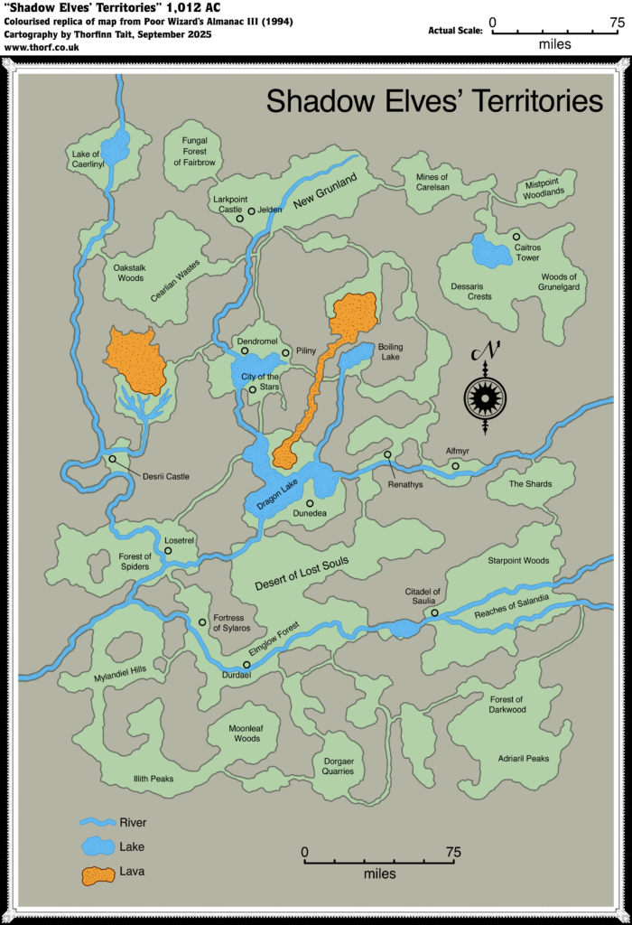 Colourised Replica Map of Poor Wizard’s Almanac III map of the Shadow Elves’ Territories, September 2025