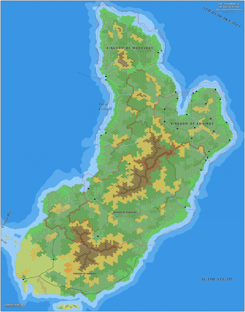 The Kingdoms of the Isle of Cestia, 8 miles per hex by Jose Ignacio Ramos Lomelin, December 2016 (version 1)