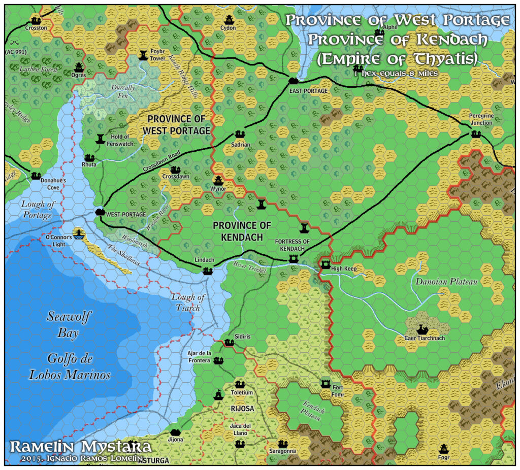 The Provinces of Kendach and West Portage, 8 miles per hex by Jose Ignacio Ramos Lomelin, January 2016