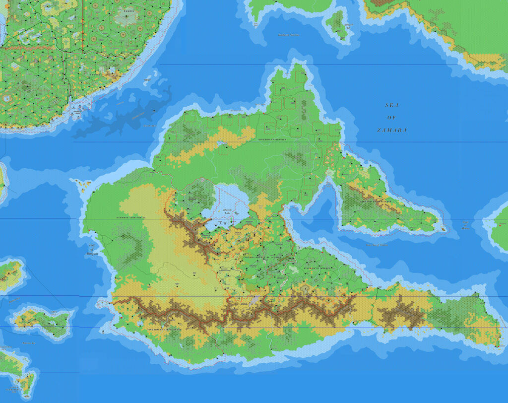 The Island of Bellissaria, 8 miles per hex by Jose Ignacio Ramos Lomelin, January 2017 (version 1)