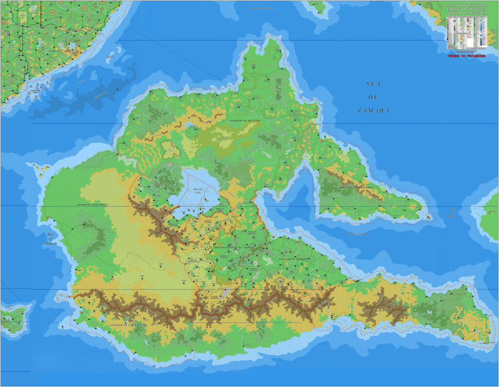 The Island of Bellissaria, 8 miles per hex by Jose Ignacio Ramos Lomelin, March 2017 (version 2)