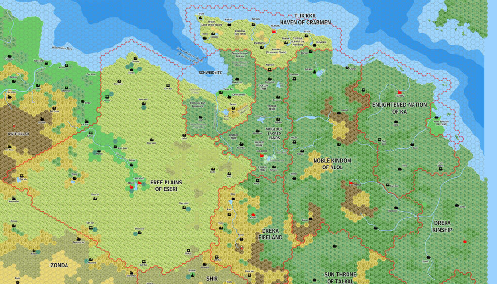Eseri, Alol, Ka, and other nations of the Silver Coast, 8 miles per hex by Jose Ignacio Ramos Lomelin, May 2017 (version 2)