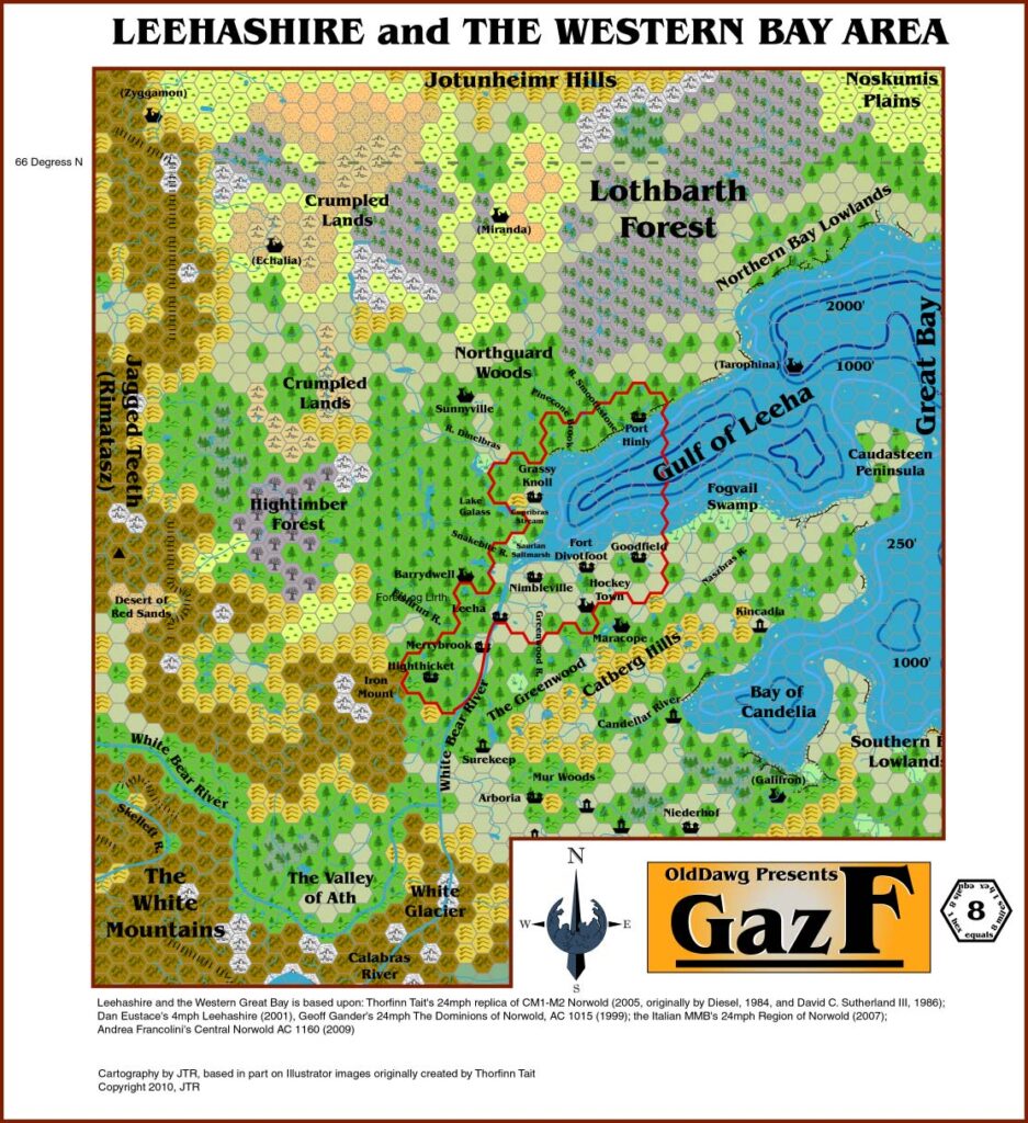 Leehashire and the Western Bay Area, 8 miles per hex by JTR, March 2011